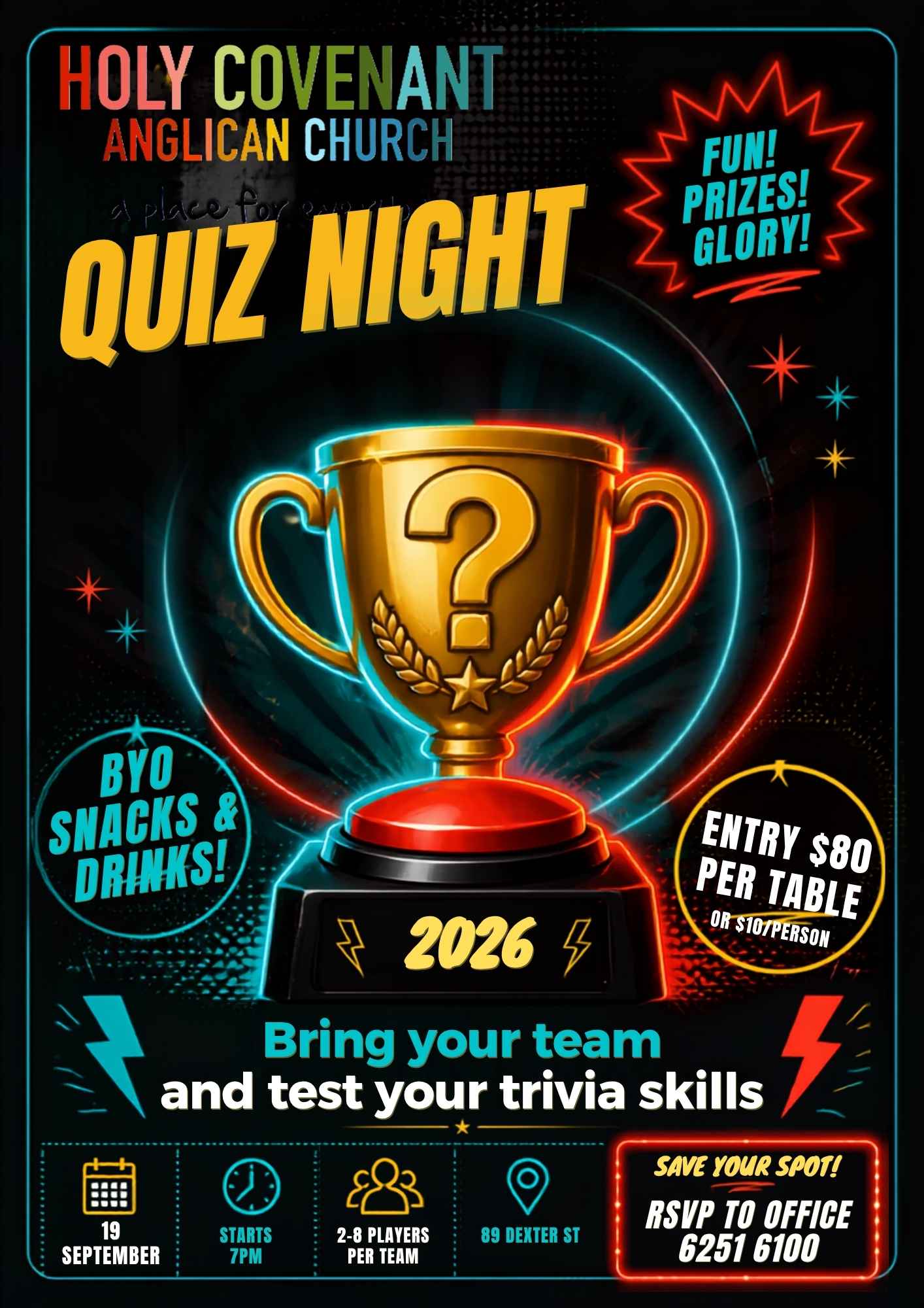 Flyer advertising Holy Covenant quiz night at 7pm on 19 September with picture of a trophy