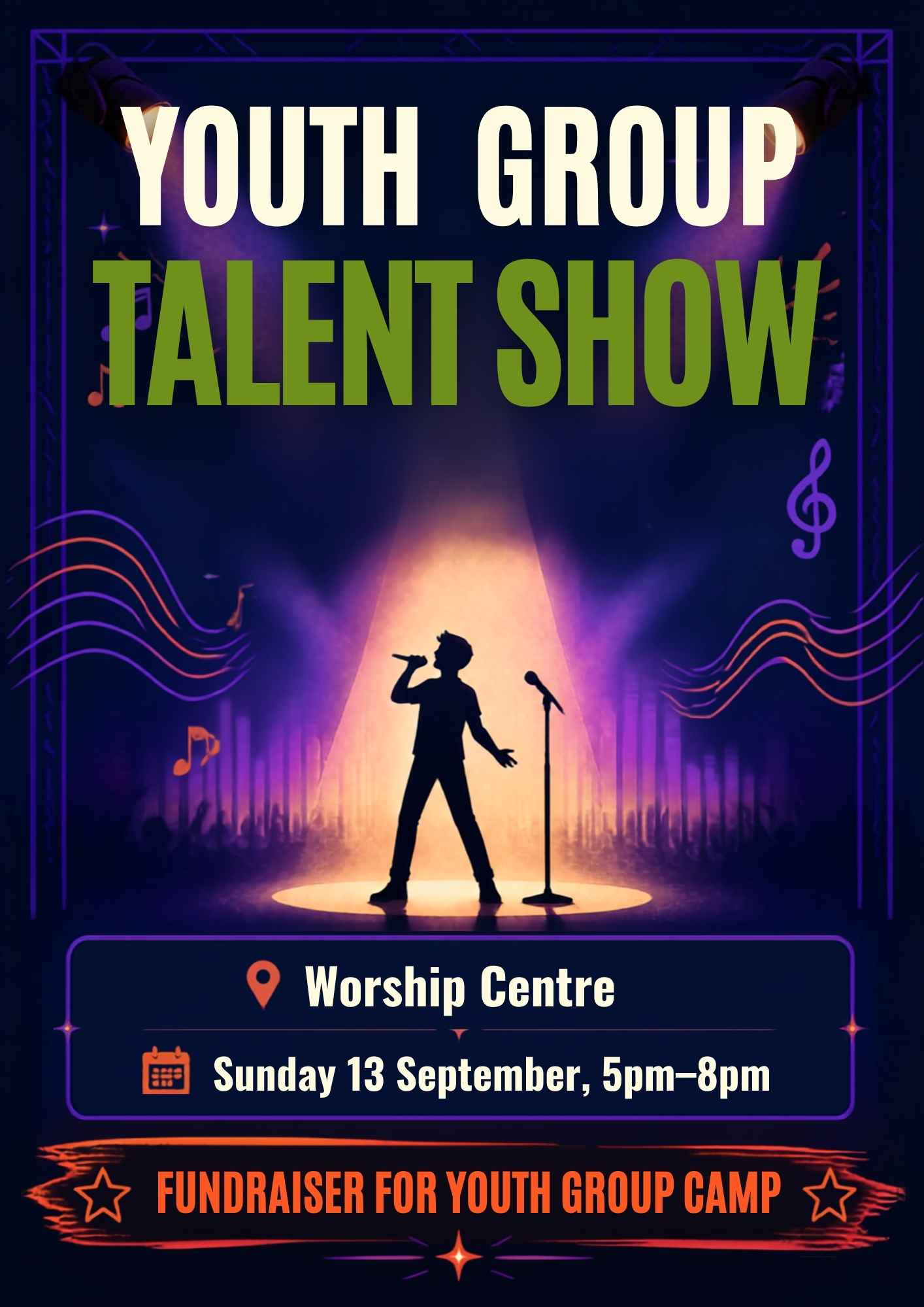 Flyer advertising Youth Group talent show 5-8pm 13 September to raise funds for youth camp.